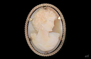 Delicate Antique Gold Plated Hand Carved Shell Cameo Pin of Young Lady