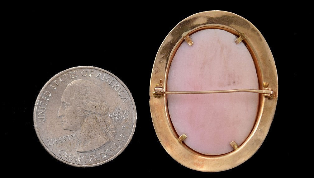 Fine Old 10k Yellow Gold and Carved Pink/White Shell Cameo Pin Engraved Border