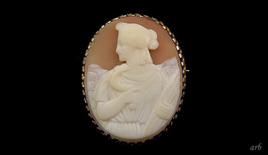 Classy 10k Yellow Gold Carved Shell Cameo Pin Woman Goddess Demeter w/ Sickle
