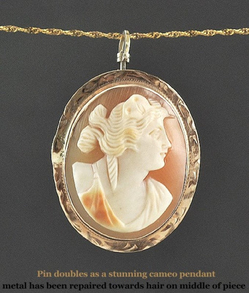 Nice Antique 10k Yellow Gold Pendant or Pin w/ Creamy White Female Cameo