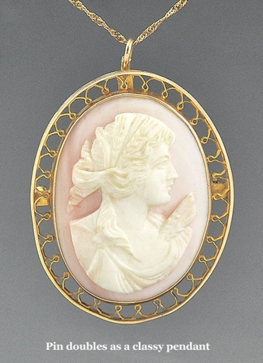 Lovely Antique 10k Gold w/ Carved Shell Girl Portrait Cameo Pendant or Pin Italy