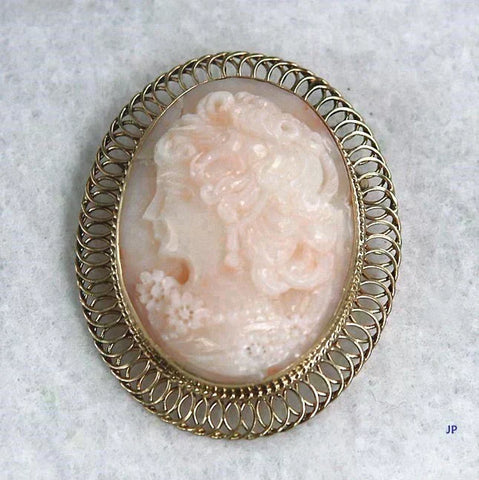 Pretty Modern 14k Gold Hand Carved Pink Coral Cameo Pin Brooch Pendant