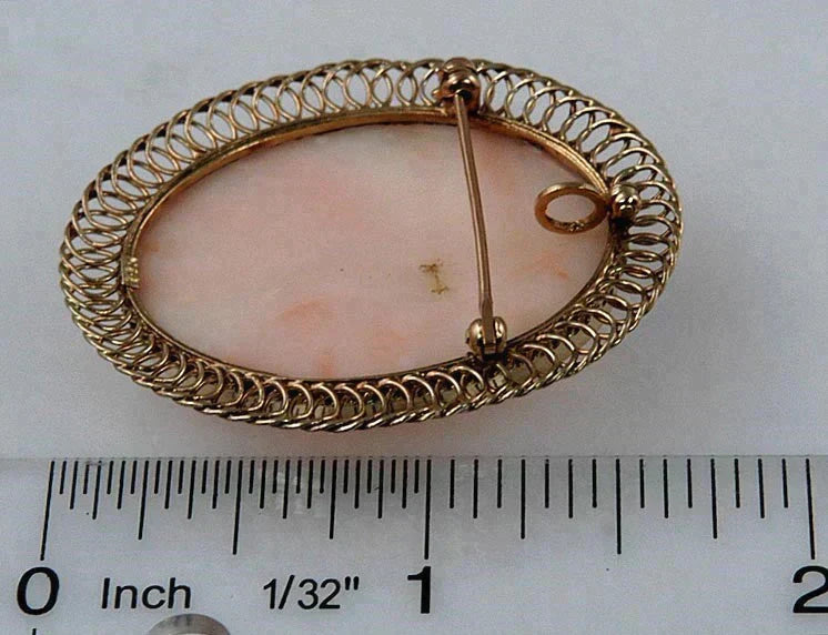 Pretty Modern 14k Gold Hand Carved Pink Coral Cameo Pin Brooch Pendant