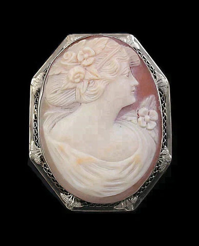 Lovely Victorian 14k White Gold Filigree Hand Carved Cameo Pin Brooch Pendant