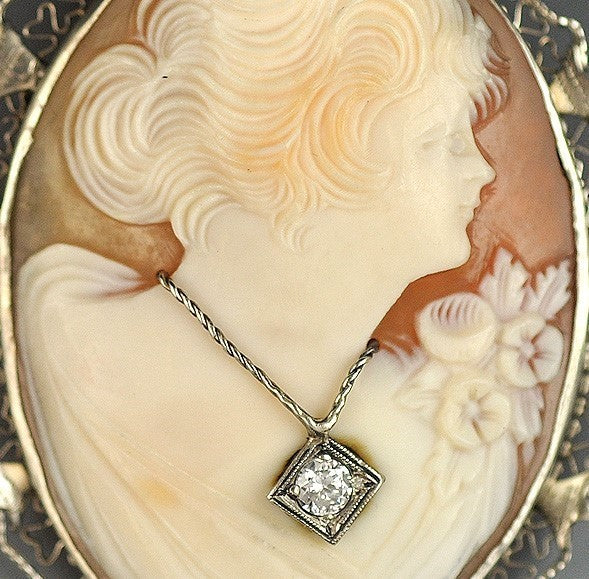 Antique 14K White Gold Filigree 10pt Diamond Cameo Pendant/Pin