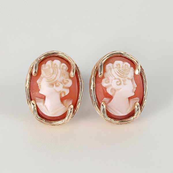 Pretty 14K Gold & Carved Shell Classical Cameo Earrings