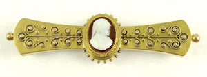 Antique Victorian Etruscan Revival 14K Gold & Carved Shell Cameo Bar Pin