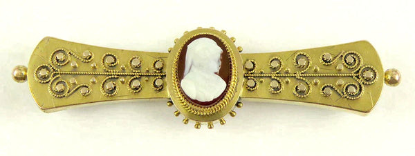 Antique Victorian Etruscan Revival 14K Gold & Carved Shell Cameo Bar Pin