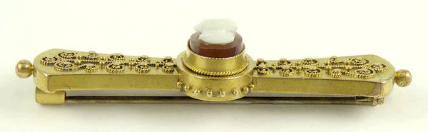 Antique Victorian Etruscan Revival 14K Gold & Carved Shell Cameo Bar Pin