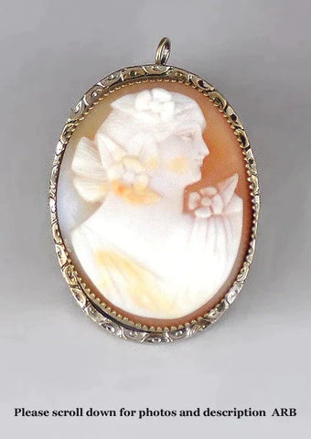 Pretty Antique Gold Tone Peach and Cream Female Italian Cameo Pendant or Pin