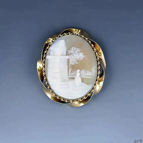 Pretty Victorian Gold-Filled Cameo Brooch, Scene of Woman by a River or Lake