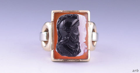 Stunning Antique 10k Yellow White Gold w/ Carved Cameo Ring of Warrior Size 8.5