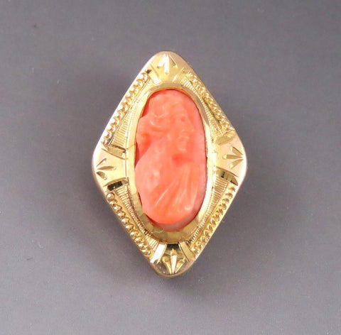 Antique c1910 American 10K Yellow Gold Natural Coral Carved Cameo Stick Pin