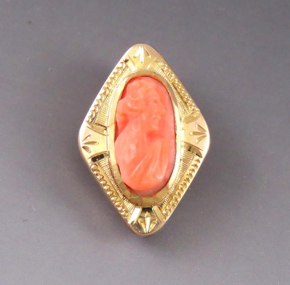 Antique c1910 American 10K Yellow Gold Natural Coral Carved Cameo Stick Pin