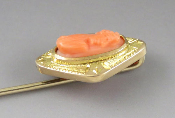 Antique c1910 American 10K Yellow Gold Natural Coral Carved Cameo Stick Pin