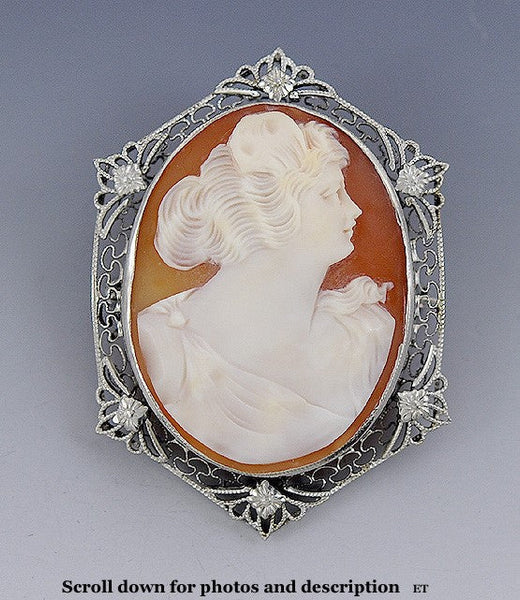 Prettiest 14k White Gold Hand Carved Cameo & Filigree Openwork Brooch/Pin