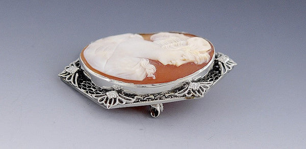 Prettiest 14k White Gold Hand Carved Cameo & Filigree Openwork Brooch/Pin