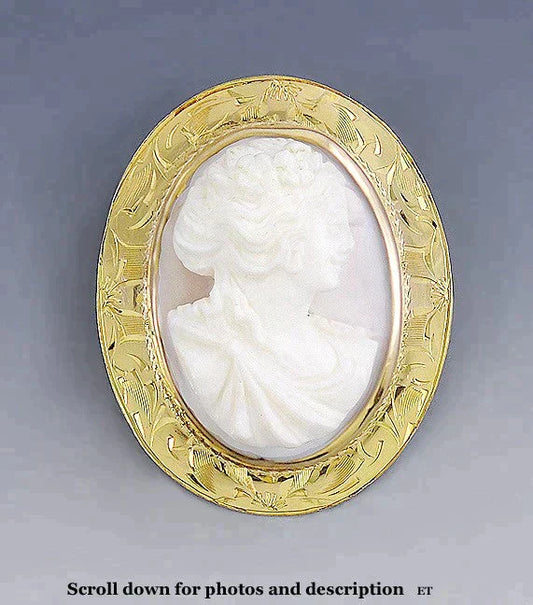 Vintage Engraved 10k Gold Hand Carved Shell Cameo Brooch/Pin