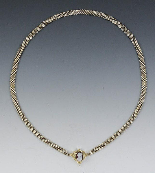 Charming C1870s-80s 10k Yellow Gold Victorian Cameo Weave Chain Necklace