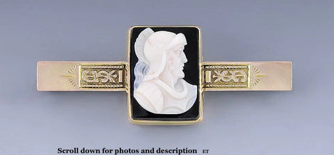 Fine Victorian Carved Roman Warrior Stone Cameo 10k Yellow Gold Bar Pin