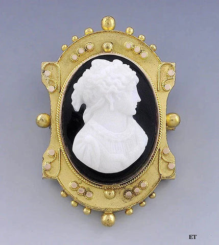 Victorian 14k Gold Onyx Cameo Of A Beautiful Woman Pendant Brooch Etruscan Style