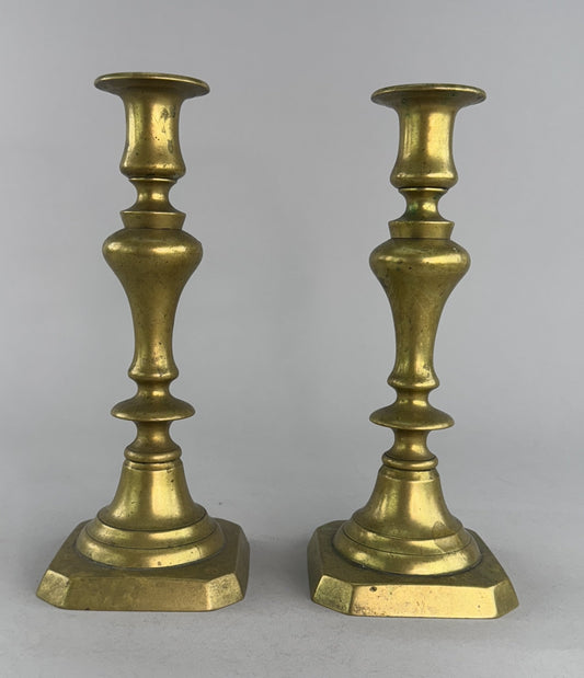 Handsome Pair c1850s English Victorian Brass Push Up Cut Corner Candlesticks
