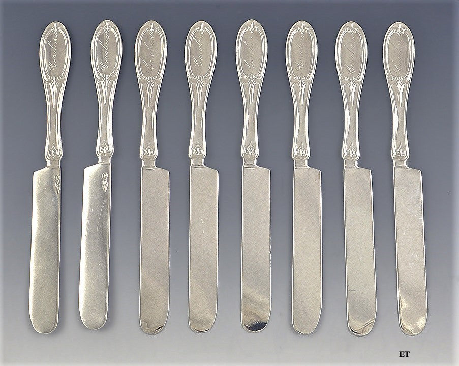 c1850 Fine Set 8 American Coin Silver Breakfast Knives by Hall Hewson & Brower