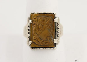 Antique 10K Rose Gold & Carved Tigers Eye Cameo Ring Size 12