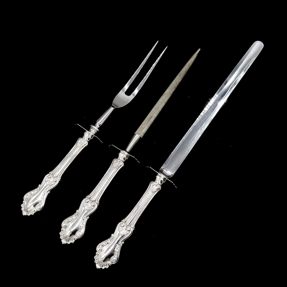 3p Sterling Silver Frank Whiting Georgian Shell Carving Knife Sharpener Fork Set