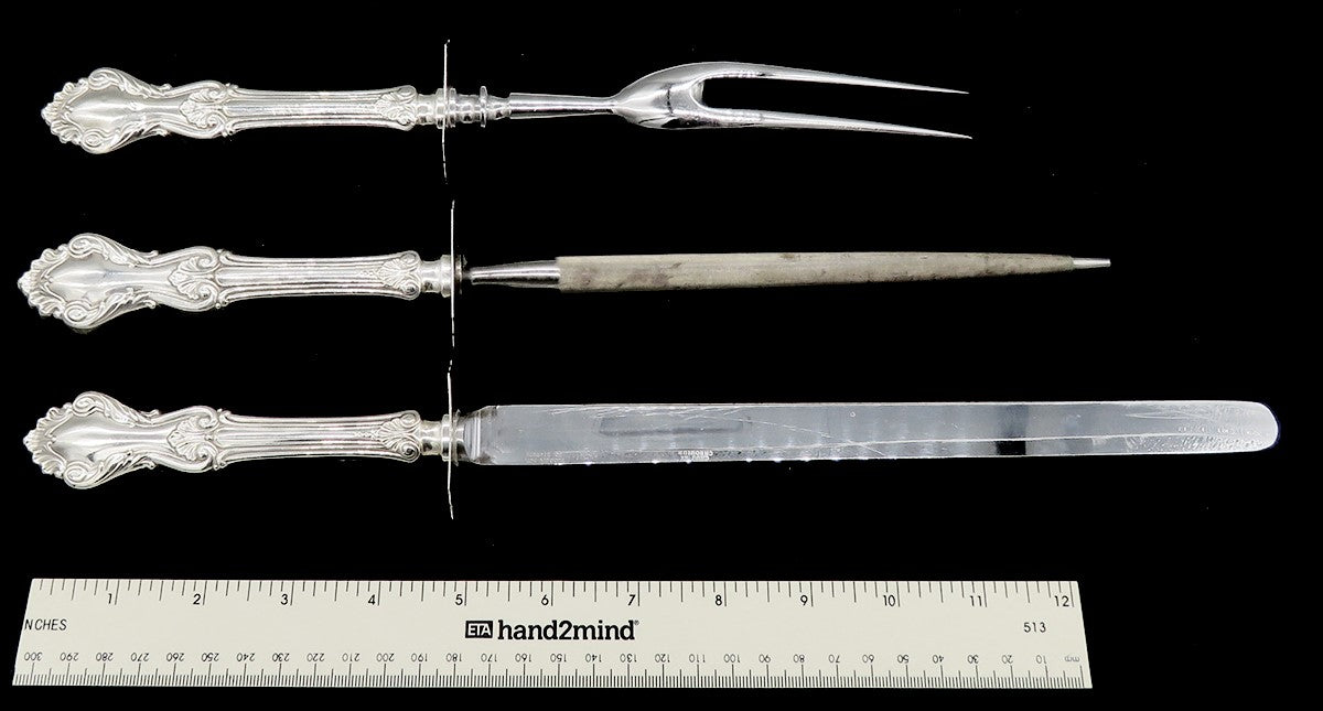 3p Sterling Silver Frank Whiting Georgian Shell Carving Knife Sharpener Fork Set