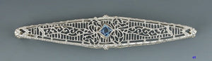 Antique 14k White Gold c1910 Blue Topaz Filigree Bar Pin Brooch