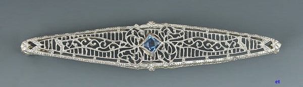 Antique 14k White Gold c1910 Blue Topaz Filigree Bar Pin Brooch