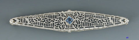 Antique 14k White Gold c1910 Blue Topaz Filigree Bar Pin Brooch