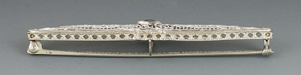 Antique 14k White Gold c1910 Blue Topaz Filigree Bar Pin Brooch