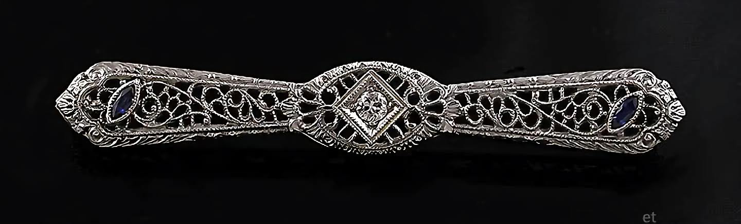 Antique 14K White Gold Diamond Sapphire Filigree Pin c1910 Brooch