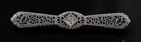 Antique 14K White Gold Diamond Sapphire Filigree Pin c1910 Brooch