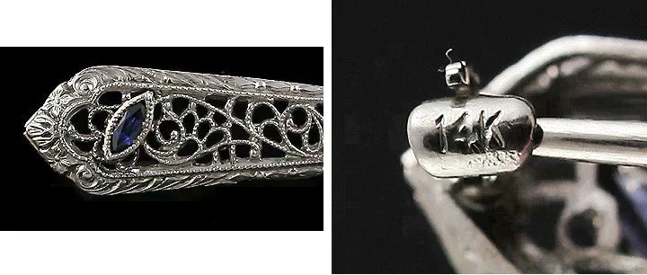 Antique 14K White Gold Diamond Sapphire Filigree Pin c1910 Brooch