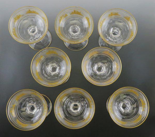8 Gilded Crystal Glass Val St Lambert Danse de Flore Champagne Saucers/Goblets