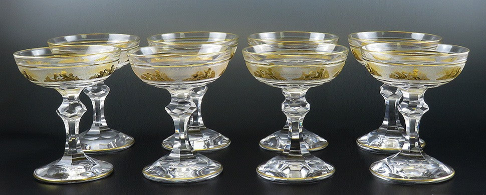 8 Gilded Crystal Glass Val St Lambert Danse de Flore Champagne Saucers/Goblets