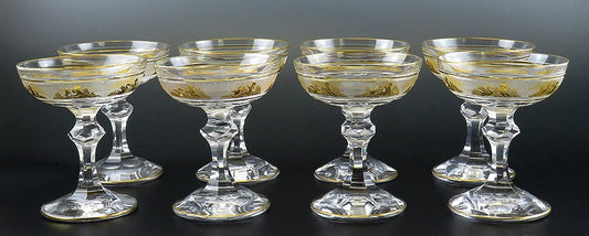 8 Gilded Crystal Glass Val St Lambert Danse de Flore Champagne Saucers/Goblets