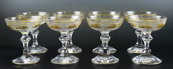 8 Val St Lambert Danse de Flore Gold Crystal Glass Champagne Saucers/Goblets