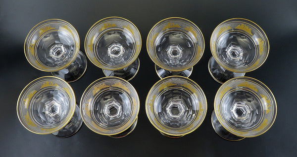 8 Val St Lambert Danse de Flore Gold Crystal Glass Champagne Saucers/Goblets