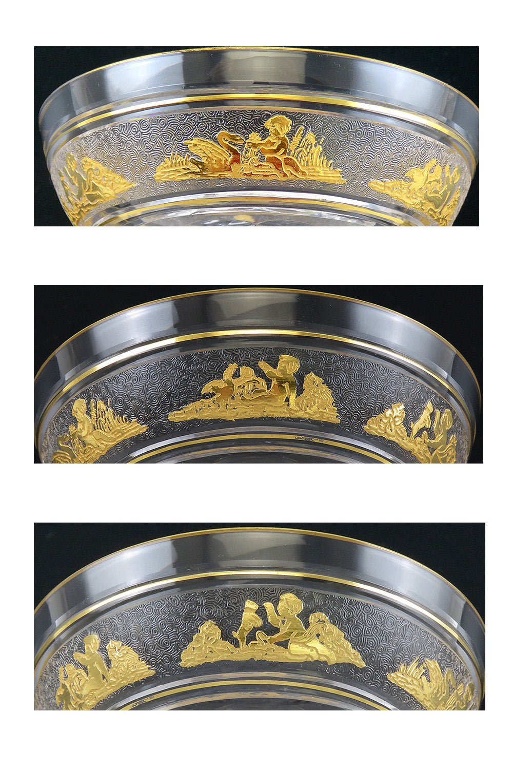 8 Val St Lambert Danse de Flore Gold Crystal Glass Champagne Saucers/Goblets