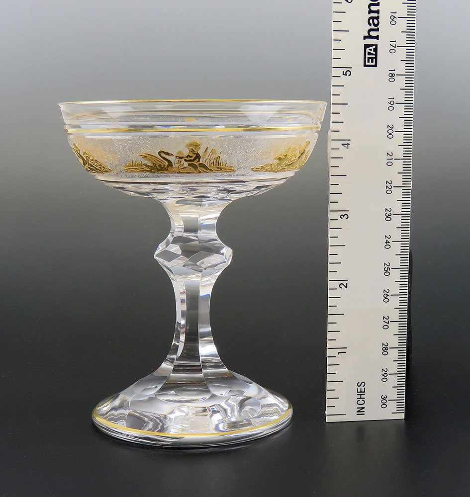 8 Val St Lambert Danse de Flore Gold Crystal Glass Champagne Saucers/Goblets