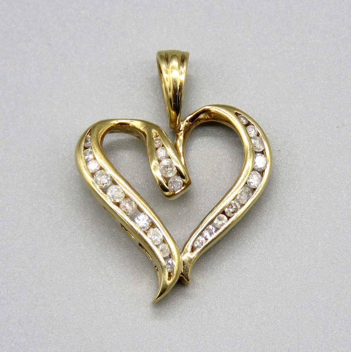 Pretty 14K Yellow Gold Channel Set ~.48ct Diamond Open Heart Love Pendant