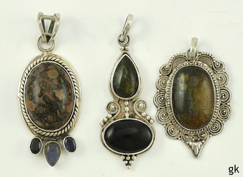 3 Sterling Silver and Genuine Stone Pendants Neat Designs