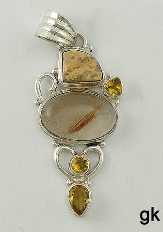 Lovely Sterling Silver, Genuine Citrine, Rudalite and Agate Stone Pendant