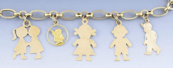 14k Gold Mother's Charm Necklace w/Variety of Child Themed Charms