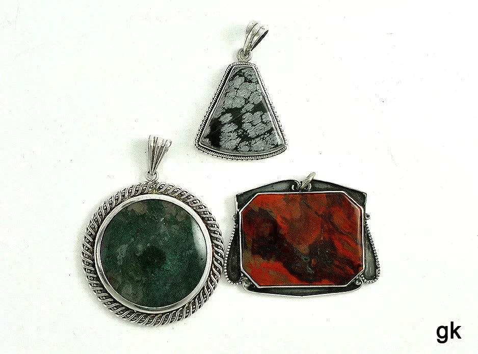 3 Genuine Stone and Sterling Silver Pendants Moss Agate Neat Designs
