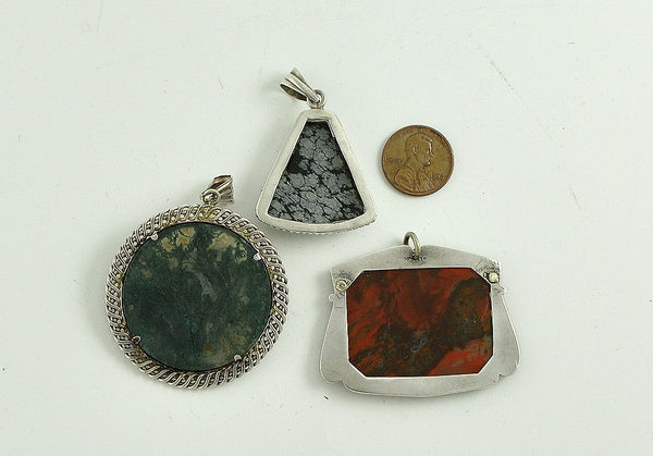 3 Genuine Stone and Sterling Silver Pendants Moss Agate Neat Designs